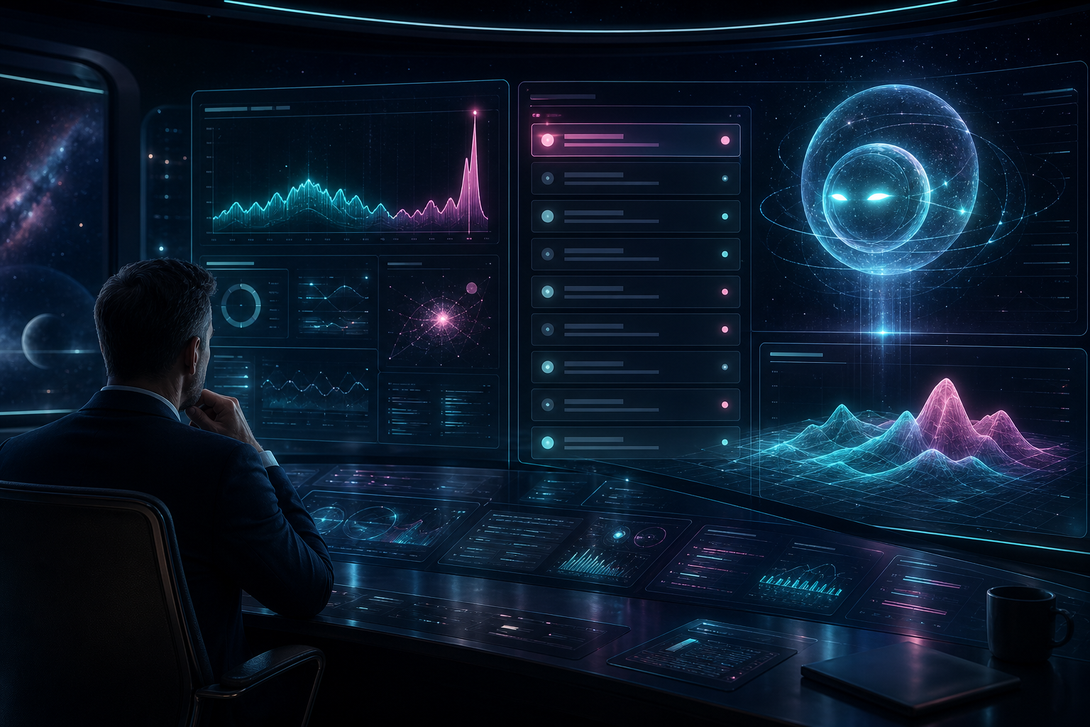 Executive AI governance control room with budget drift anomaly, approval queue, usage telemetry, and AI oversight dashboard