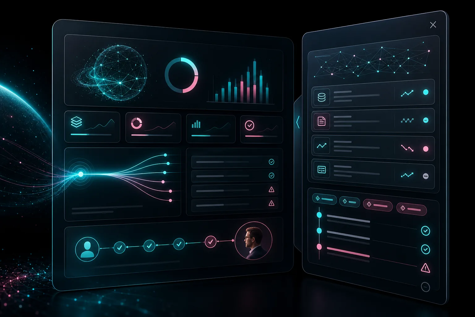 AI dashboard UX — evidence panel beside an AI summary showing sources, data deltas, assumptions, and safe next steps